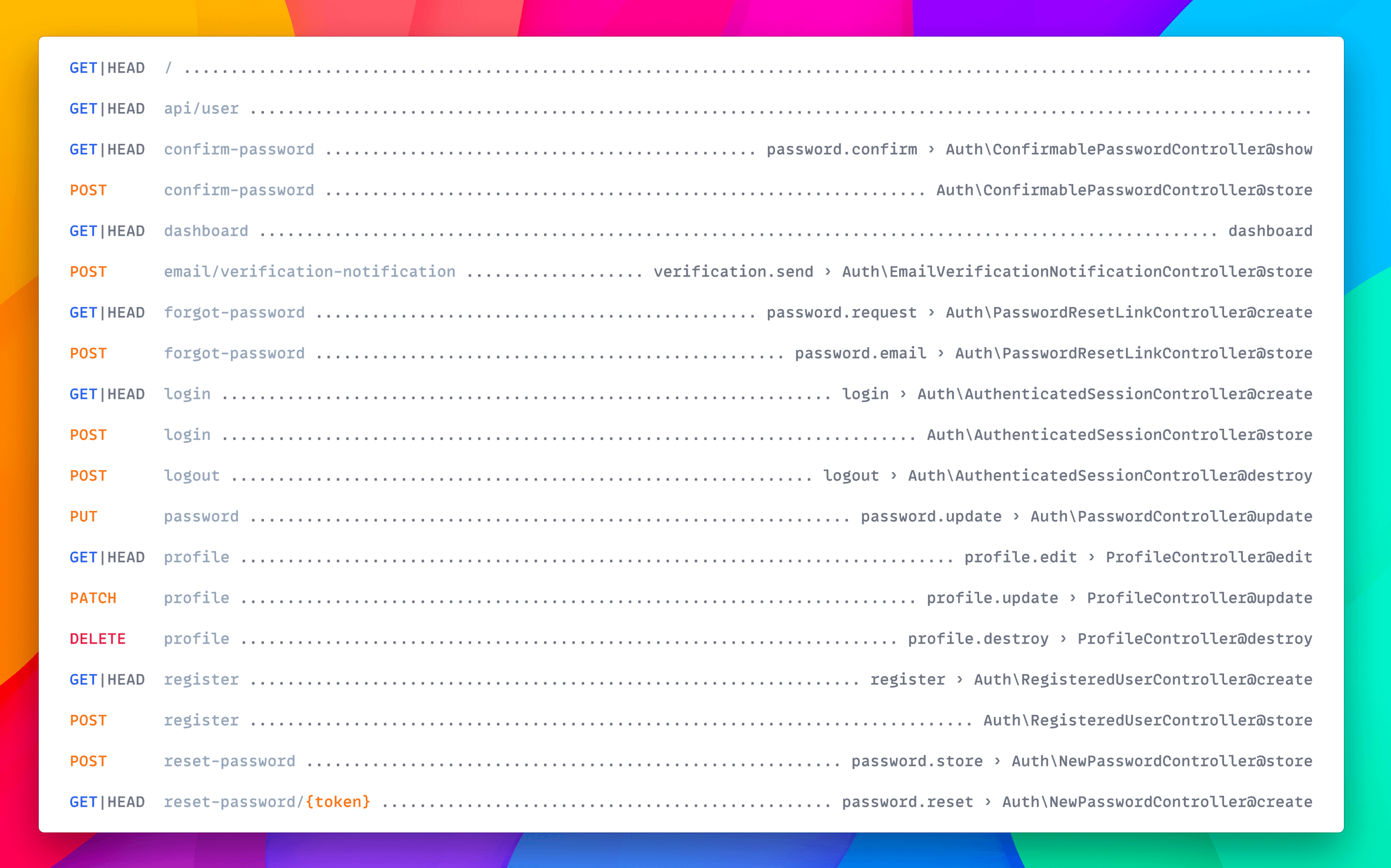 Terminal output showing the result of running the "php artisan route:list" command on a fresh Laravel Breeze application