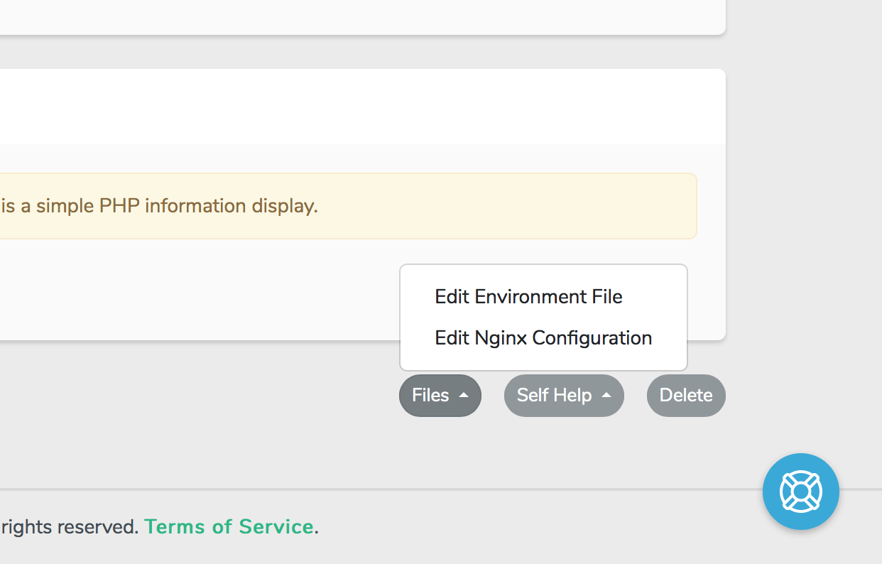files button showing popup menu with edit nginx configuration option showing
